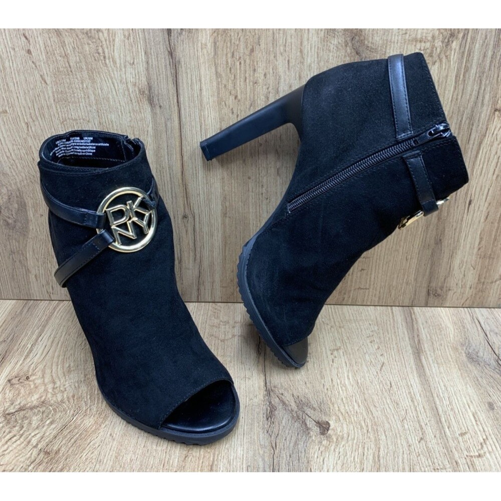 DKNY Women's Stilettos 4 in Peep Toe Booties Medallion Side Zip Black size 8.5 M